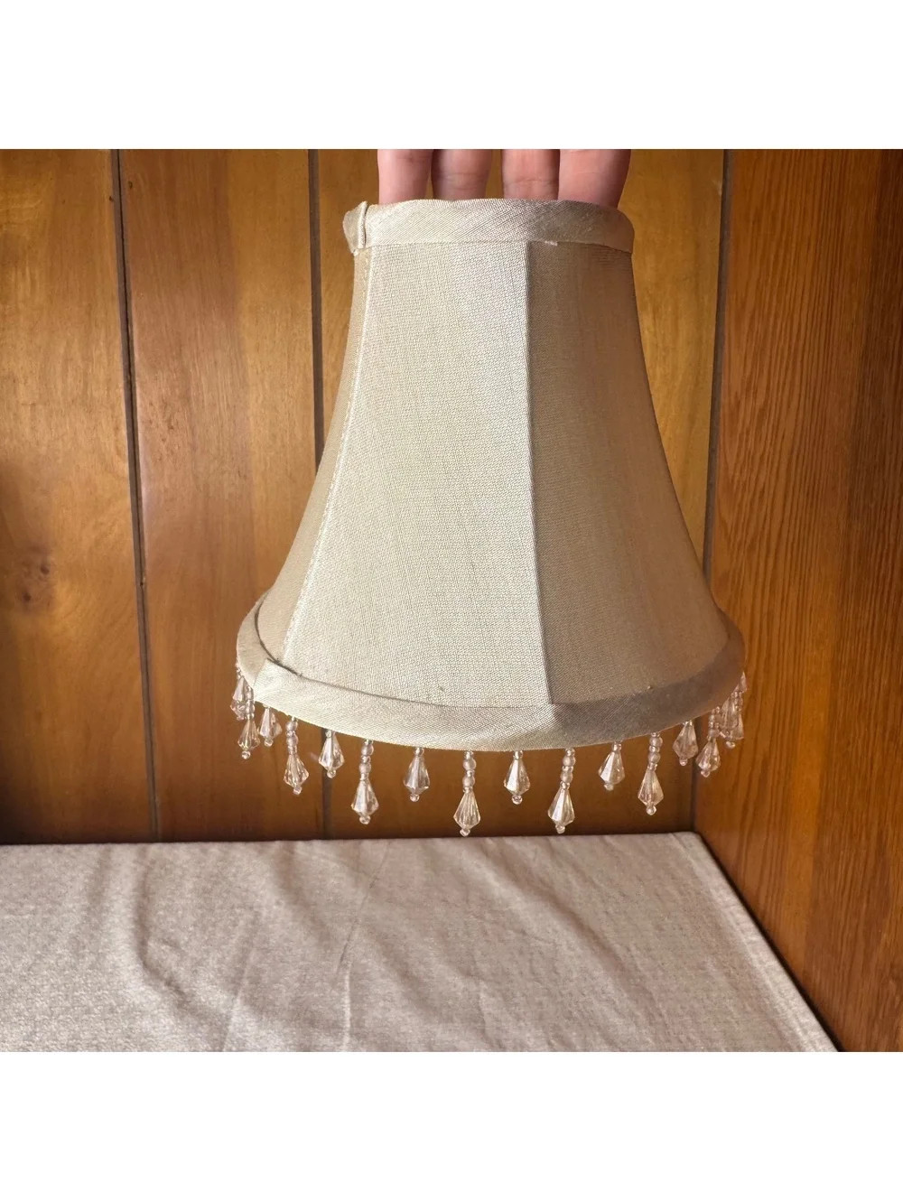Vintage Beaded Bell Lamp Shade Champagne Satin Fabric Chandelier Style 7”